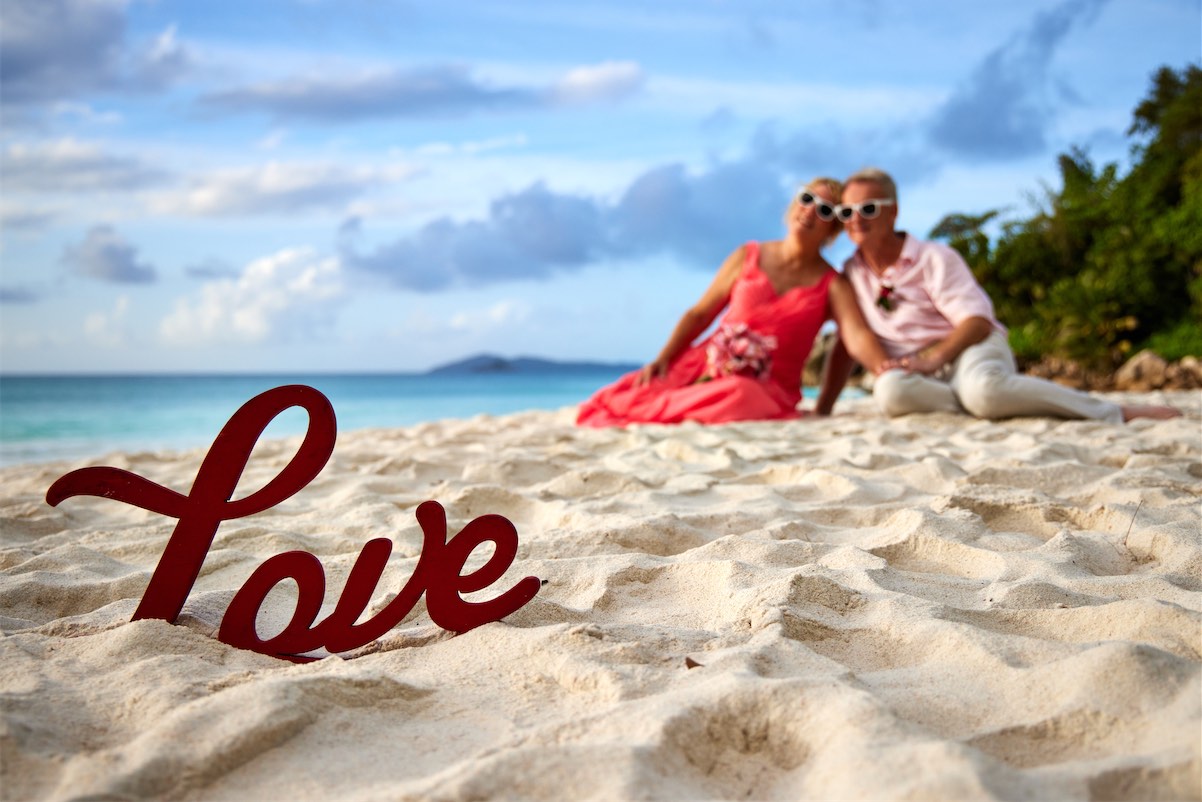 A romantic scene of a couple on the beach, joyfully displaying a love sign against a backdrop of ocean waves.